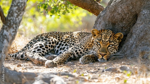 A leopard lying in the shade, cooling off during a hot day in the African bush.