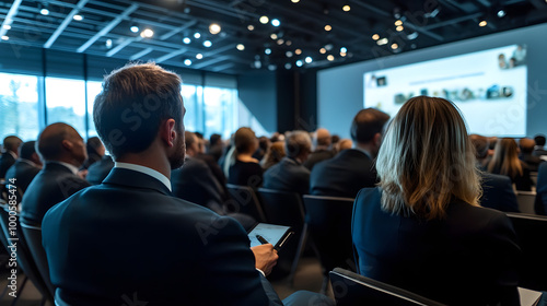 group of people in formal dressing suit as audience at large modern hall business event. Press news conference speech presentation exhibition briefing reporter seminar workshop convention forum summit