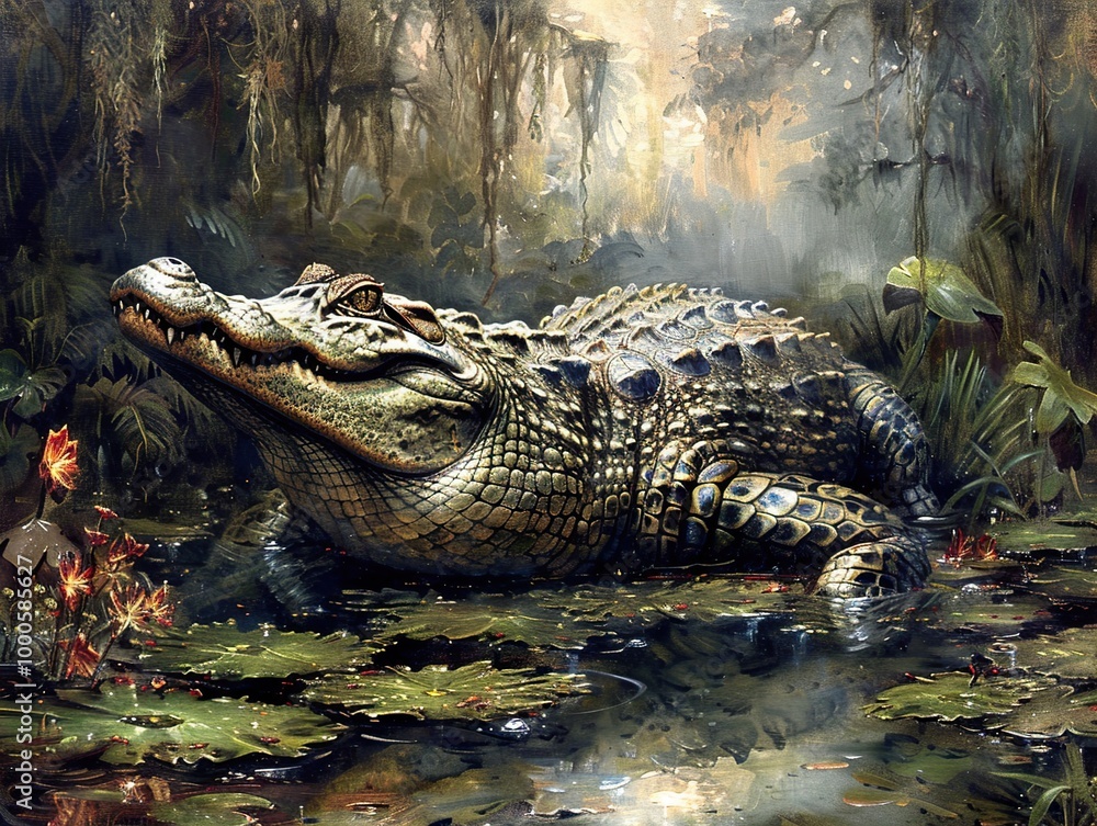 Obraz premium Alligator in the Swamp: A Serene Moment in Nature