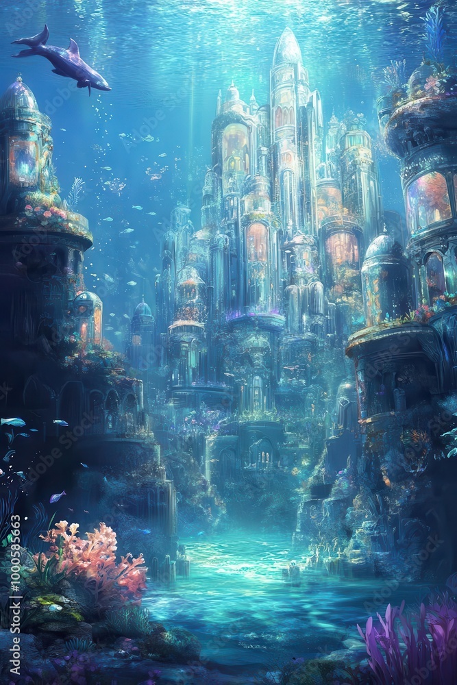 Obraz premium A mystical mermaid kingdom deep under the ocean, with towering crystal palaces, bioluminescent plants, and graceful marine creatures floating in harmony