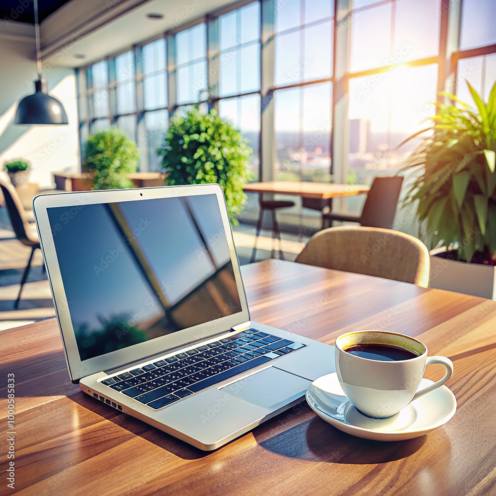 Clean and Minimalist Modern Office Workspace with Laptop and Coffee Clean and Minimalist Modern Office Workspace with Laptop and Coffee