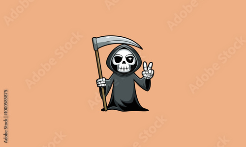 Cartoon grim reaper holding a scythe and flashing peace sign