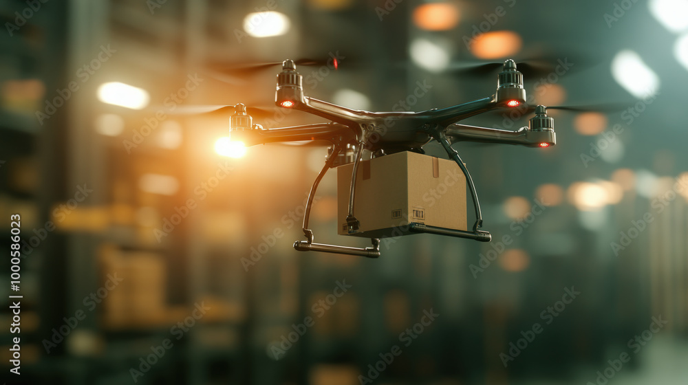 A drone carrying a package is flying inside a warehouse, highlighting advanced technology in logistics and automated delivery systems. A drone carrying a package is flying inside a warehouse, highlighting advanced technology in logistics and automated delivery systems.