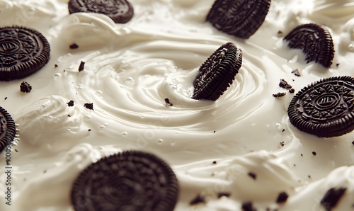 Creamy milk and delicious Oreo cookie chunks moving in smooth motion, Generative AI photo