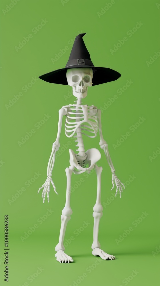 A playful skeleton dressed in a witch's hat stands on a bright green backdrop. The simple, clean composition and humorous theme make it perfect for Halloween visuals or lighthearted content. A playful skeleton dressed in a witch's hat stands on a bright green backdrop. The simple, clean composition and humorous theme make it perfect for Halloween visuals or lighthearted content.