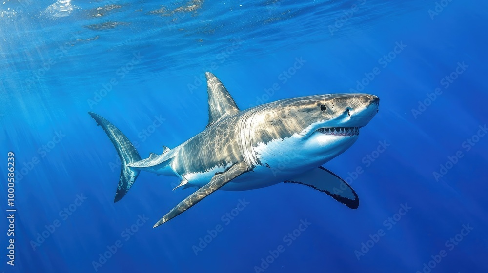 Fototapeta premium A majestic great white shark swimming gracefully through crystal-clear blue waters, showcasing its powerful physique.