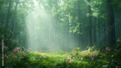 A serene forest bathed in soft sunlight, with a lush green meadow adorned with vibrant pink and yellow wildflowers.