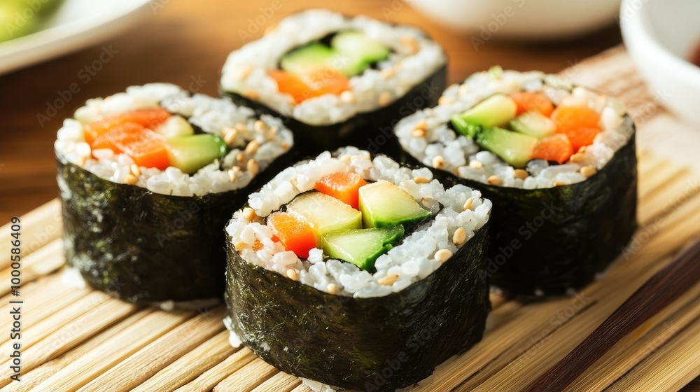 Fresh Sushi Rolls with Avocado and Cucumber Fresh Sushi Rolls with Avocado and Cucumber