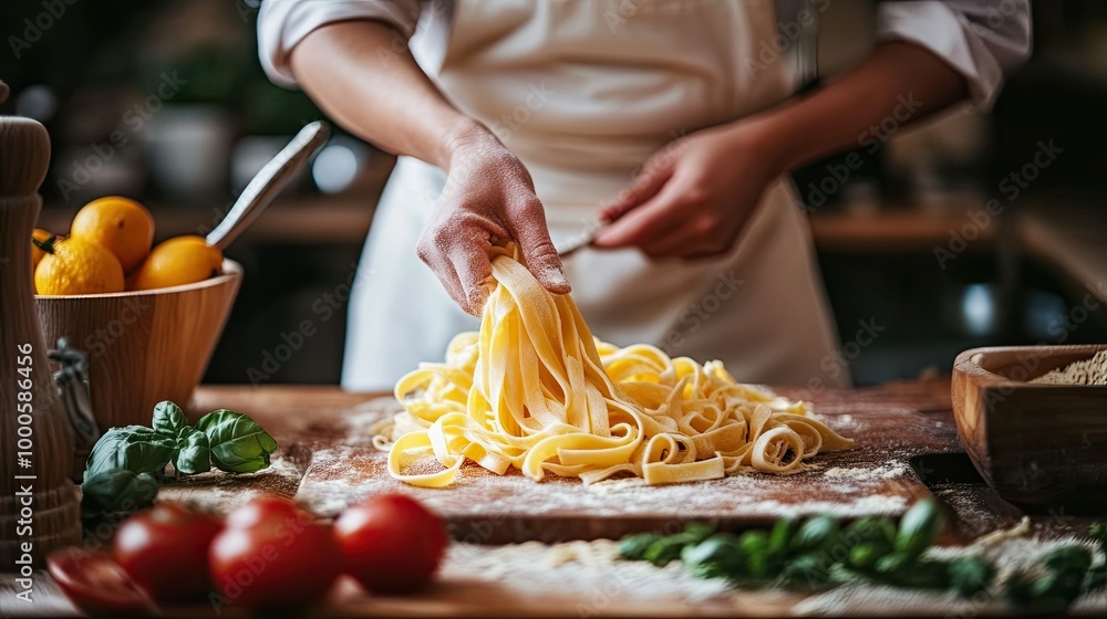 Cozy Kitchen Scene with Chef Preparing Fresh Pasta Cozy Kitchen Scene with Chef Preparing Fresh Pasta
