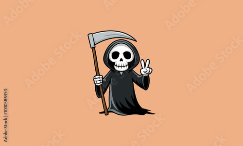 Cartoon grim reaper holding a scythe and flashing peace sign