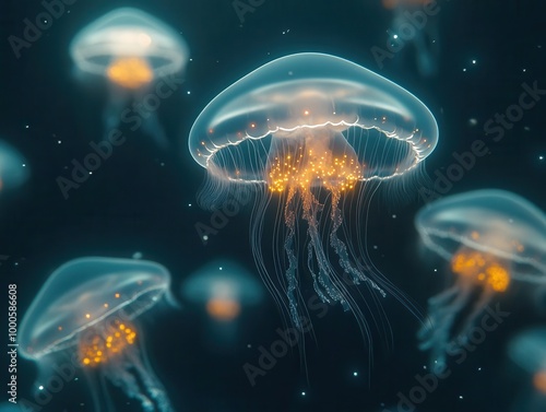 A school of glowing jellyfish drifts through the dark, deep sea, bioluminescence casting an eerie glow, viewed from below, in a cinematic closeup, soft lighting