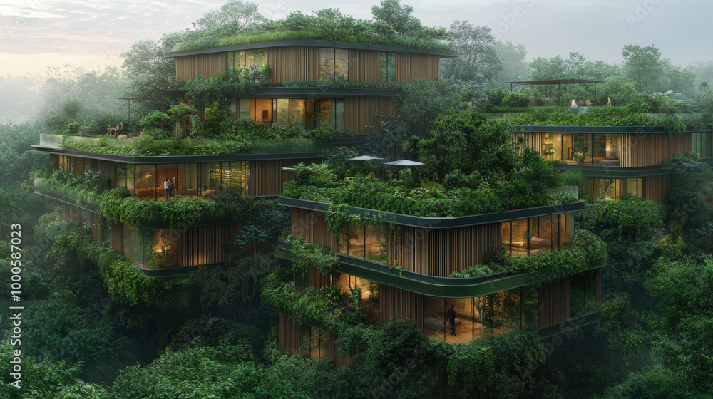 A series of modern, eco-friendly buildings covered with lush greenery, seamlessly integrated into a forested environment, blending architecture with nature. A series of modern, eco-friendly buildings covered with lush greenery, seamlessly integrated into a forested environment, blending architecture with nature.