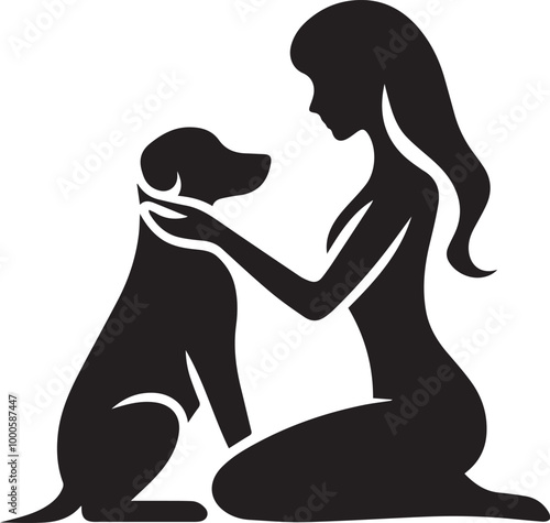 black Heartwarming Woman Kneeling and Touching Her Dog silhouette vector icon black and white