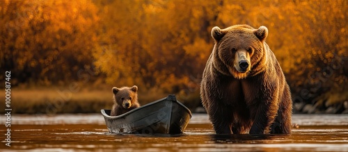 Bear Cub in a Boat with Mom Watching