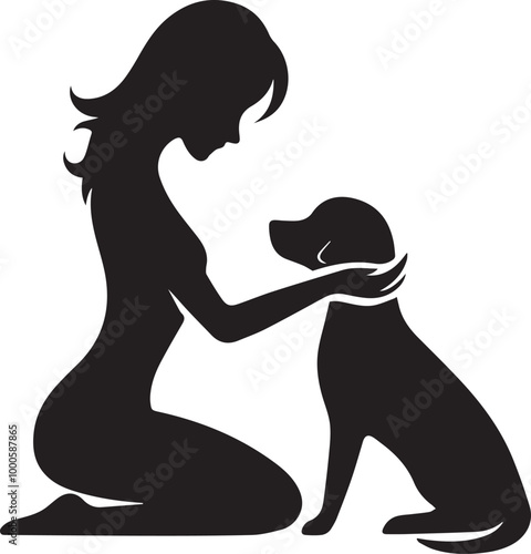 black Heartwarming Woman Kneeling and Touching Her Dog silhouette vector icon black and white