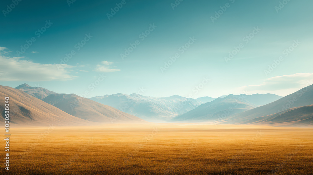Golden fields stretch towards hazy mountains under a clear blue sky, creating a serene and tranquil landscape. Golden fields stretch towards hazy mountains under a clear blue sky, creating a serene and tranquil landscape.
