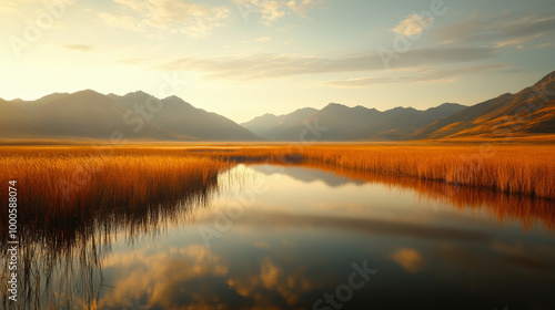 Wallpaper Mural A serene lake reflects the golden reeds and majestic mountains under a soft, golden sunset sky, creating a peaceful natural landscape. Torontodigital.ca