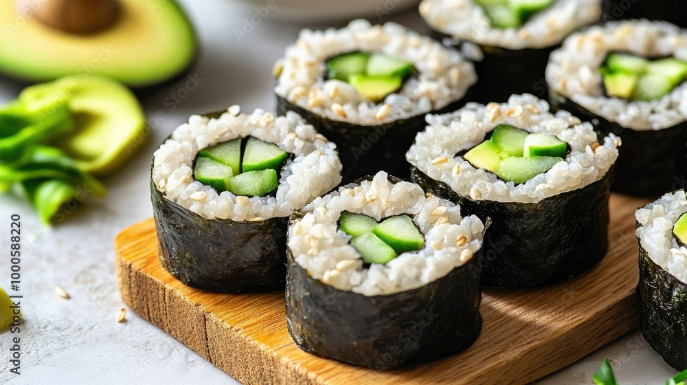 Fresh sushi rolls with avocado and cucumber on a platter Fresh sushi rolls with avocado and cucumber on a platter