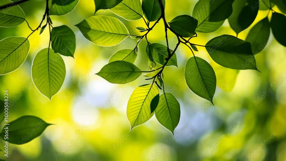Green leaves hang from a tree branch in the sunlight Green leaves hang from a tree branch in the sunlight