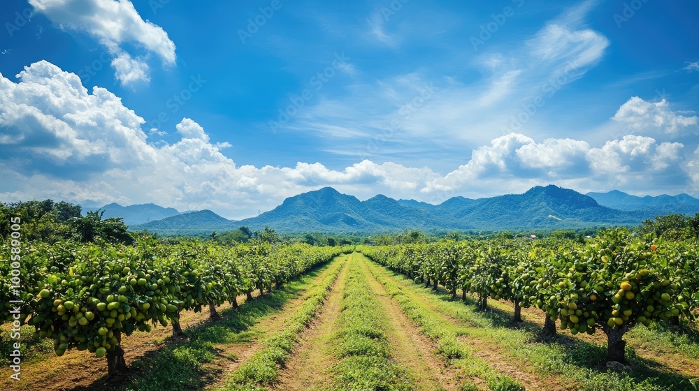 A scenic view of a mangosteen plantation in Thailand, with rows of fruit-bearing trees under a bright blue sky, showcasing the abundance of this tropical fruit. A scenic view of a mangosteen plantation in Thailand, with rows of fruit-bearing trees under a bright blue sky, showcasing the abundance of this tropical fruit.