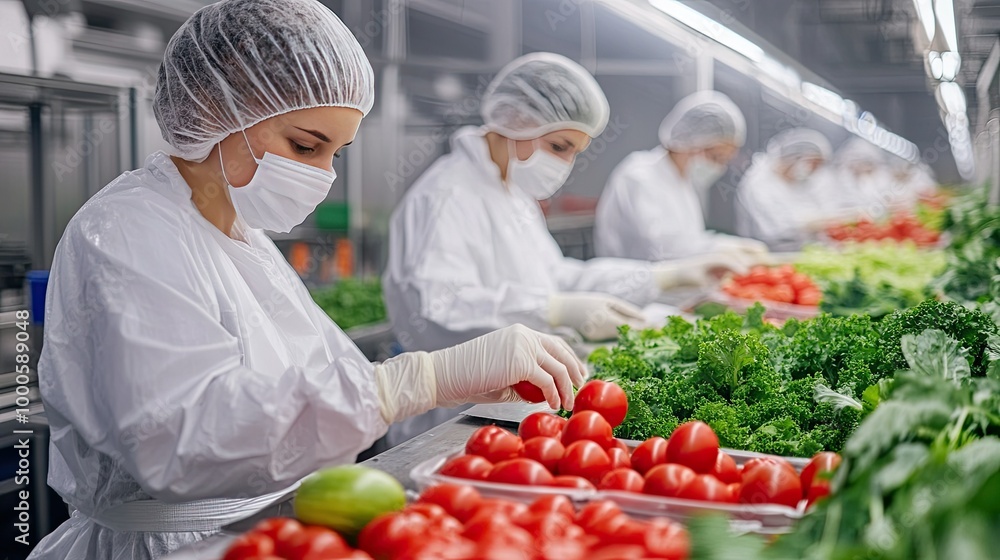 Workers Preparing Fresh Produce in a Clean Factory Setting Workers Preparing Fresh Produce in a Clean Factory Setting
