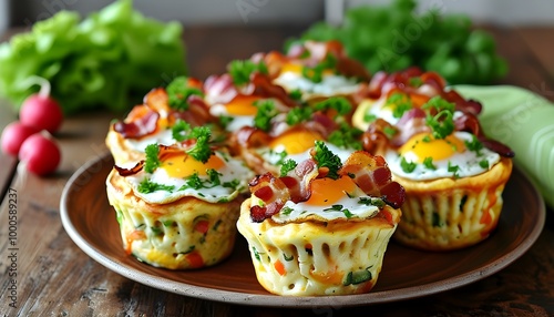 Savory muffin pan loaded with colorful vegetable and crispy bacon omelette cups