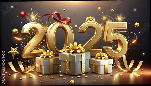 3d rendering of golden light shine particles bokeh over red background and the numbers 2025 in gold - represents the new year - vacation concept.