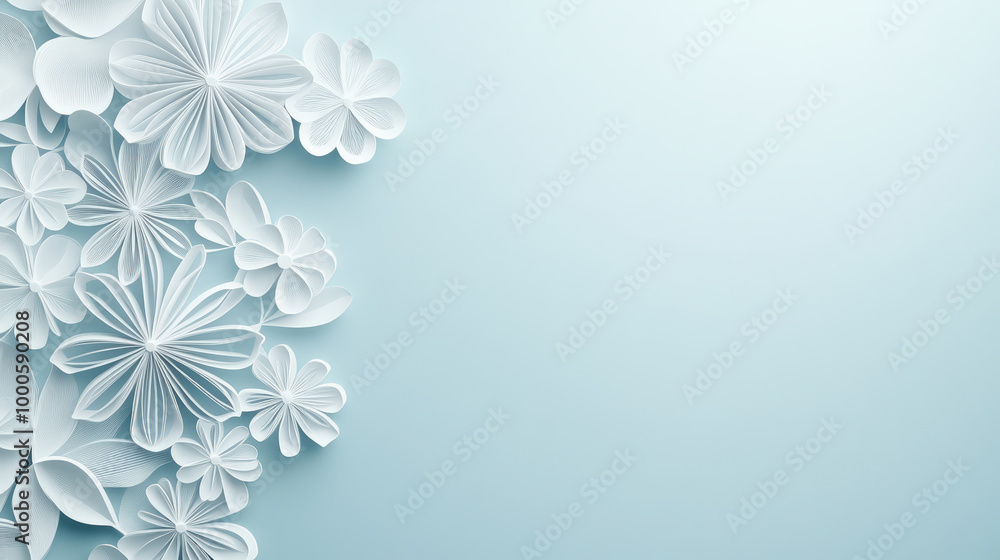 Elegant white paper flowers arranged on a light blue background, creating a serene and delicate floral design with ample space for text or graphics. Elegant white paper flowers arranged on a light blue background, creating a serene and delicate floral design with ample space for text or graphics.