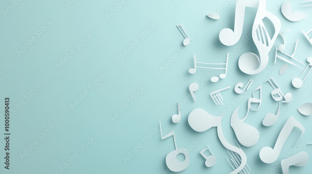 Musical notes and symbols in white scattered across a light teal background, representing harmony and creativity in a visually artistic way. Musical notes and symbols in white scattered across a light teal background, representing harmony and creativity in a visually artistic way.