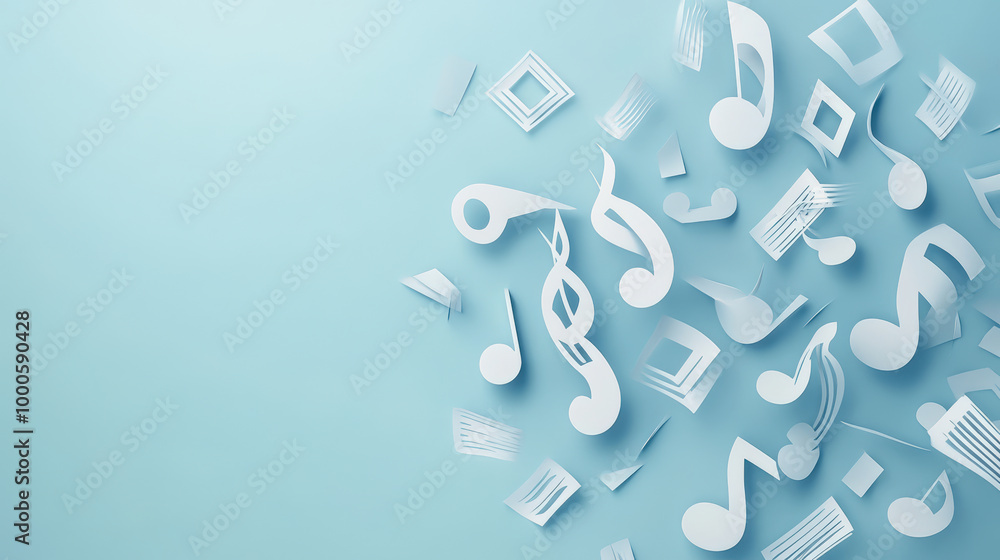 Paper cut-out musical notes and symbols in white, elegantly scattered on a light blue background, capturing a whimsical and artistic feel. Paper cut-out musical notes and symbols in white, elegantly scattered on a light blue background, capturing a whimsical and artistic feel.