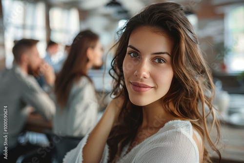 A woman with blonde hair and a white shirt is posing for a picture, generative ai image