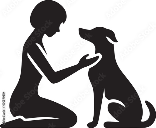 black Heartwarming Woman Kneeling and Touching Her Dog silhouette vector icon black and white