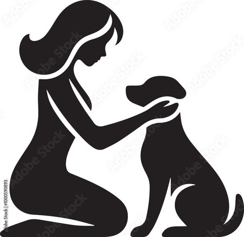 black Heartwarming Woman Kneeling and Touching Her Dog silhouette vector icon black and white