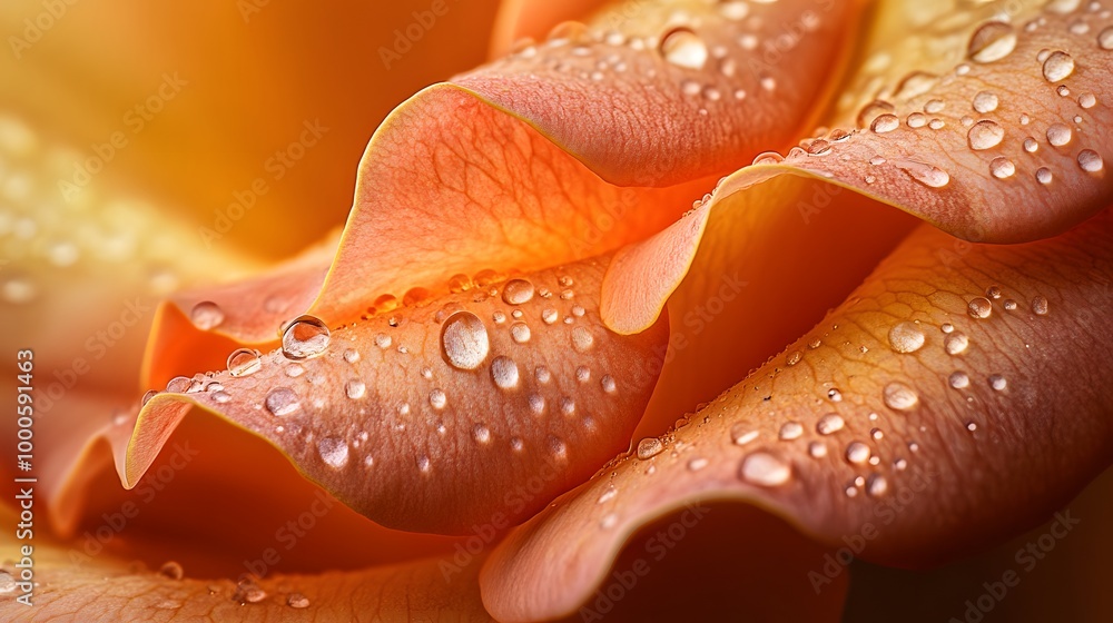 Close-up of a peach rose petal with water droplets. Close-up of a peach rose petal with water droplets.