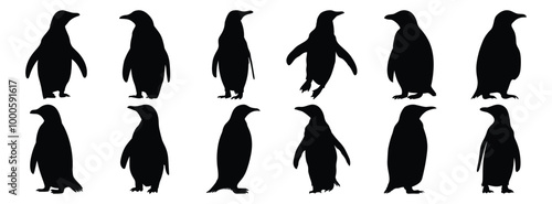 Penguin silhouettes set, bird pack of vector silhouette design, isolated background