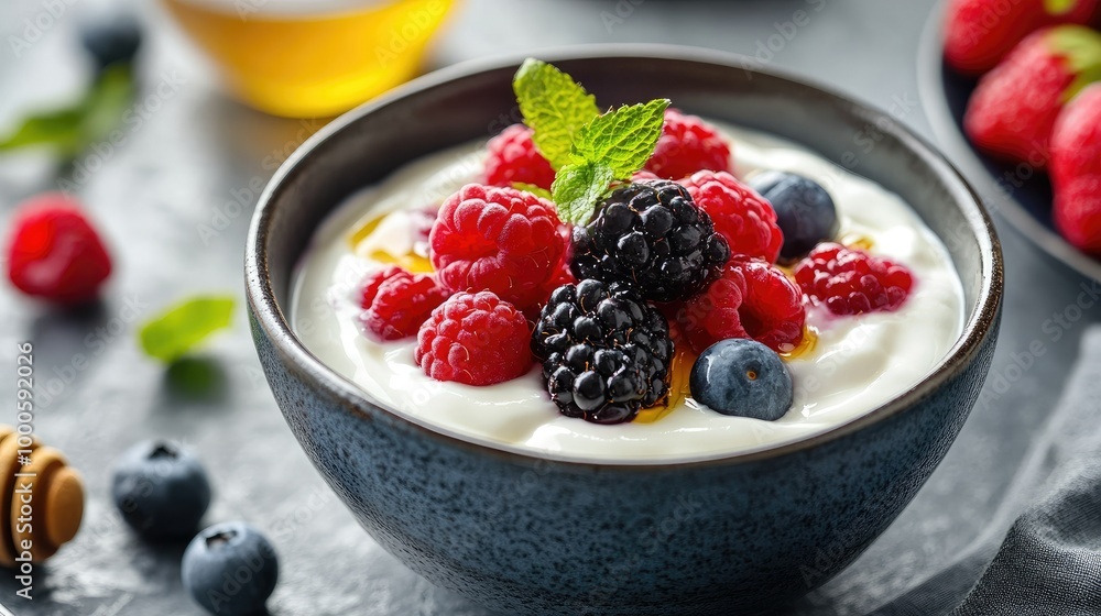 Fresh Berries on Greek Yogurt Bowl Fresh Berries on Greek Yogurt Bowl