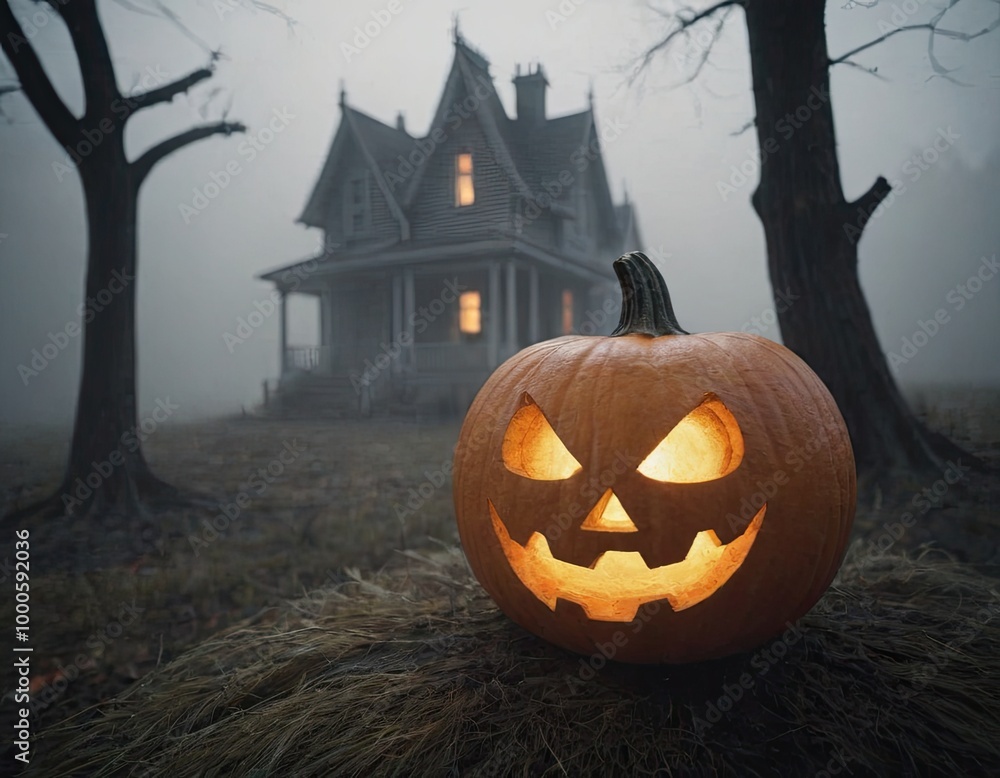 Glowing Halloween Pumpkin in Atmospheric Horror Setting with Fog. Spooky Pumpkin Lantern Amidst Twisted Trees and Dense Fog. Glowing Halloween Pumpkin in Atmospheric Horror Setting with Fog. Spooky Pumpkin Lantern Amidst Twisted Trees and Dense Fog.