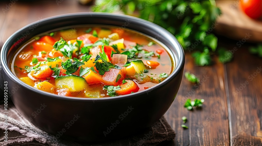 Vibrant Vegetable Soup in a Black Bowl Vibrant Vegetable Soup in a Black Bowl