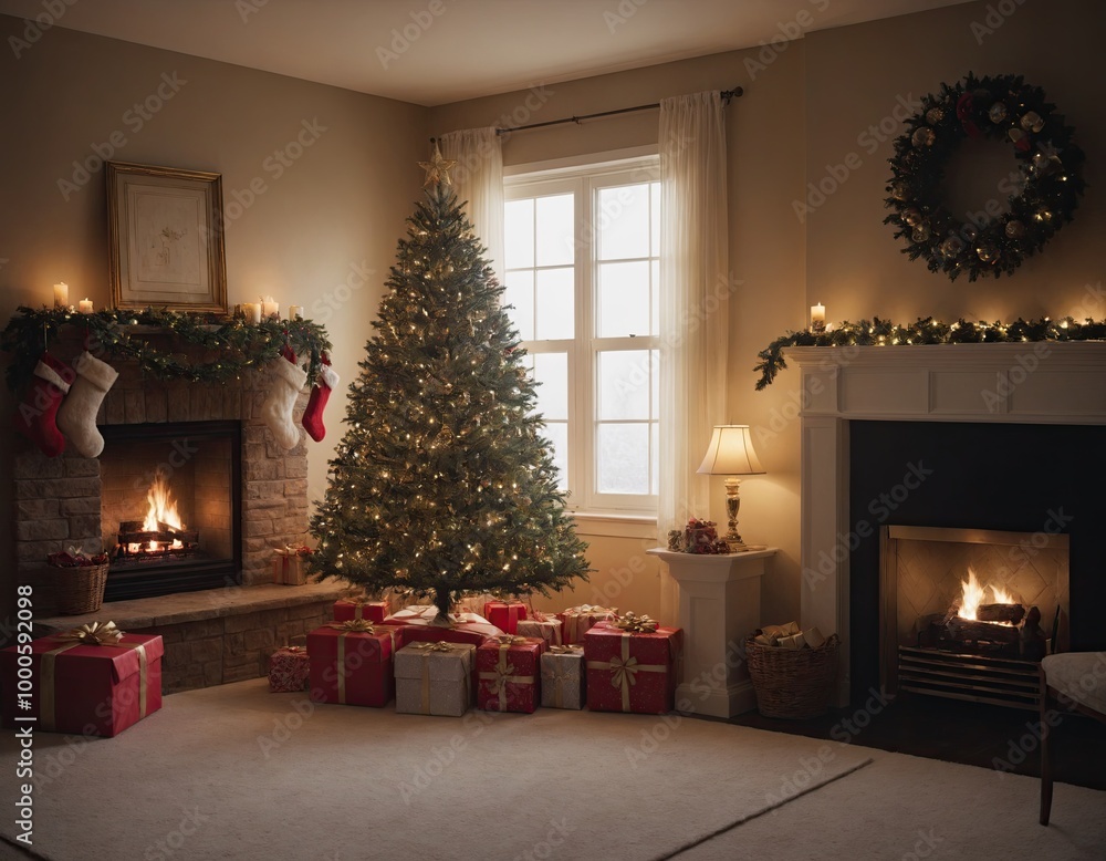 Glowing Tree, Stockings by the Fireplace, and Gift-Wrapped Presents. Beautifully Decorated Christmas Tree in a Darkened Room. Warm Holiday Atmosphere with a Twinkling Christmas Tree Glowing Tree, Stockings by the Fireplace, and Gift-Wrapped Presents. Beautifully Decorated Christmas Tree in a Darkened Room. Warm Holiday Atmosphere with a Twinkling Christmas Tree