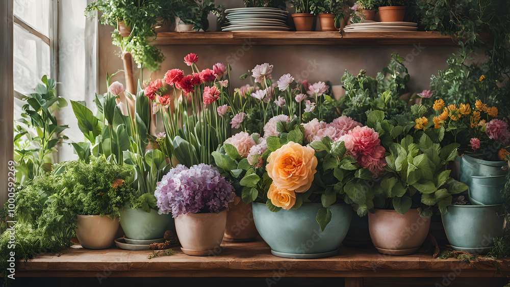 A florist full of fresh flowers from a pastel planter, surrounded by plants and potted greens on a shelf, ai A florist full of fresh flowers from a pastel planter, surrounded by plants and potted greens on a shelf, ai