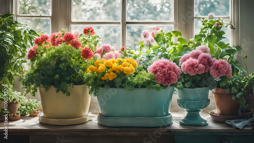 A florist full of fresh flowers from a pastel planter, surrounded by plants and potted greens on a shelf, ai