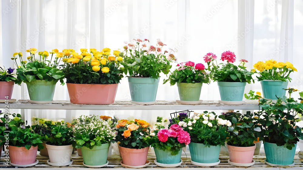 A florist full of fresh flowers from a pastel planter, surrounded by plants and potted greens on a shelf, ai A florist full of fresh flowers from a pastel planter, surrounded by plants and potted greens on a shelf, ai