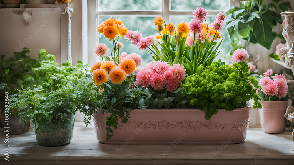A florist full of fresh flowers from a pastel planter, surrounded by plants and potted greens on a shelf, ai A florist full of fresh flowers from a pastel planter, surrounded by plants and potted greens on a shelf, ai