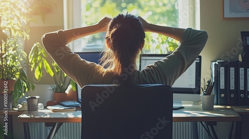 Person Stretching at Desk in Comfortable Workspace photo