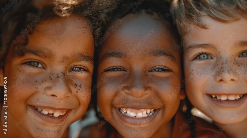 A heartwarming close-up of three smiling kids with diverse skin tones, faces close together A heartwarming close-up of three smiling kids with diverse skin tones, faces close together