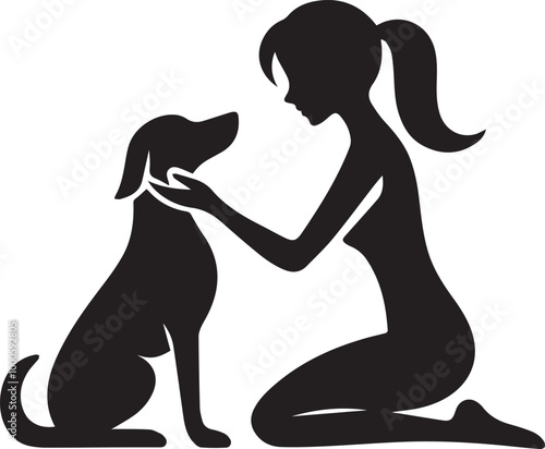 black Heartwarming Woman Kneeling and Touching Her Dog silhouette vector icon black and white