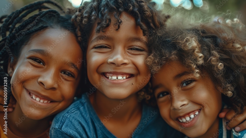 A heartwarming close-up of three smiling kids with varied hair textures, faces close together A heartwarming close-up of three smiling kids with varied hair textures, faces close together
