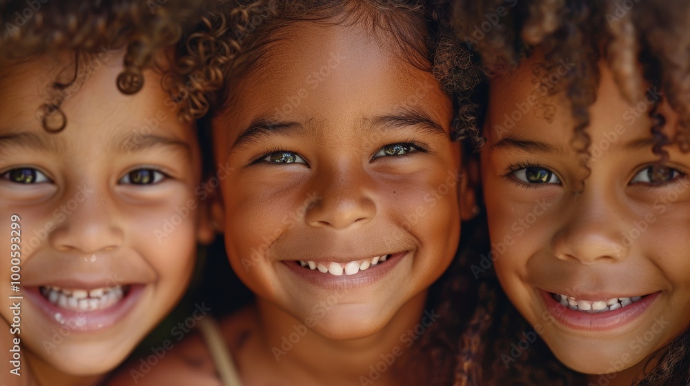 A heartwarming close-up of three smiling kids with varied hair textures A heartwarming close-up of three smiling kids with varied hair textures