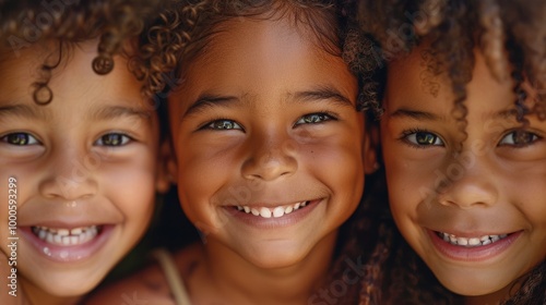 A heartwarming close-up of three smiling kids with varied hair textures