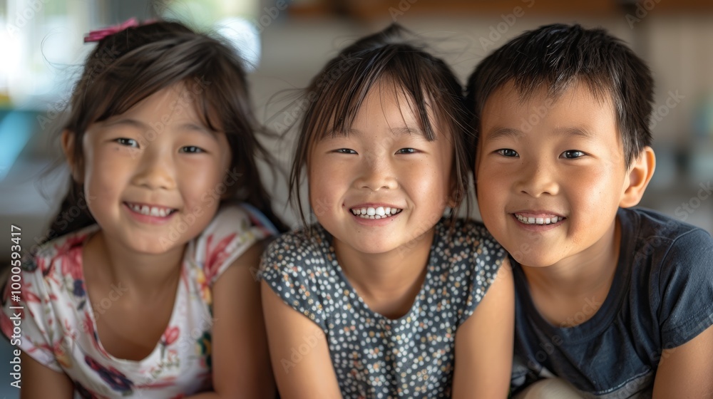 A heartwarming portrait of three kids from diverse backgrounds, smiling together